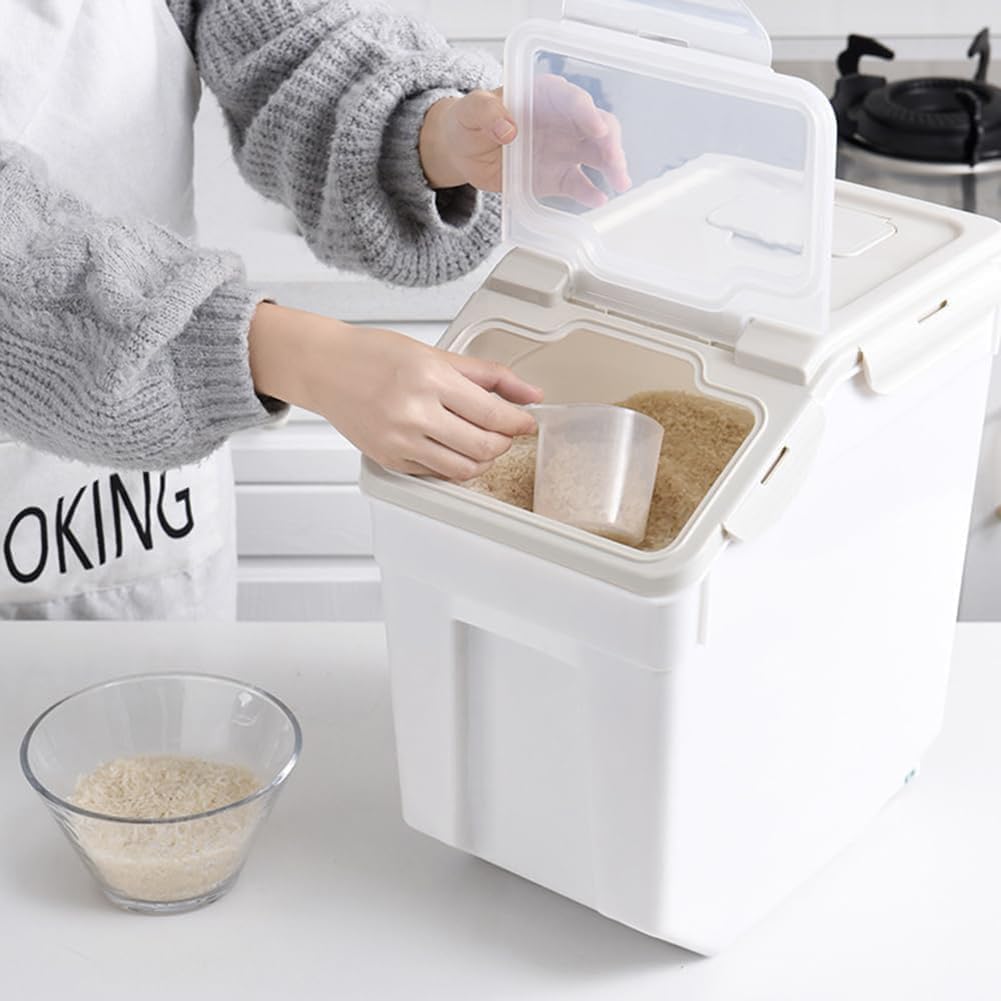 YXQ 25LB Large Flour Storage Container Bin ,2 Pack Airtight Plastic with Wheels Seal Locking Lid Dispenser Organizer Storage Bin with Measuring Cup & Scoop for Flour, Rice, Grain 50LBS Total
