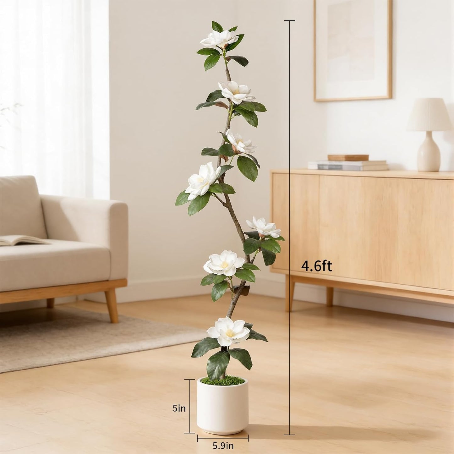 Rubber Tree 4.6 FT Artificial Tree in Planter Pot, Faux Plants Indoor Faux Floor Plant Artificial Plants with 7 Pcs Calla Lily Flowers for Home Office Living Room Decor Indoor