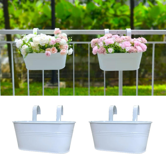 LaLaGreen Rail Planters for Outdoor (2 Pack, 11.2 Inch) White Metal Iron Hanging Flower Pots, Strawberry Planter Deck Railing Fence Bucket Wall Mount Window Box Plant Holder with Hooks Porch Decor