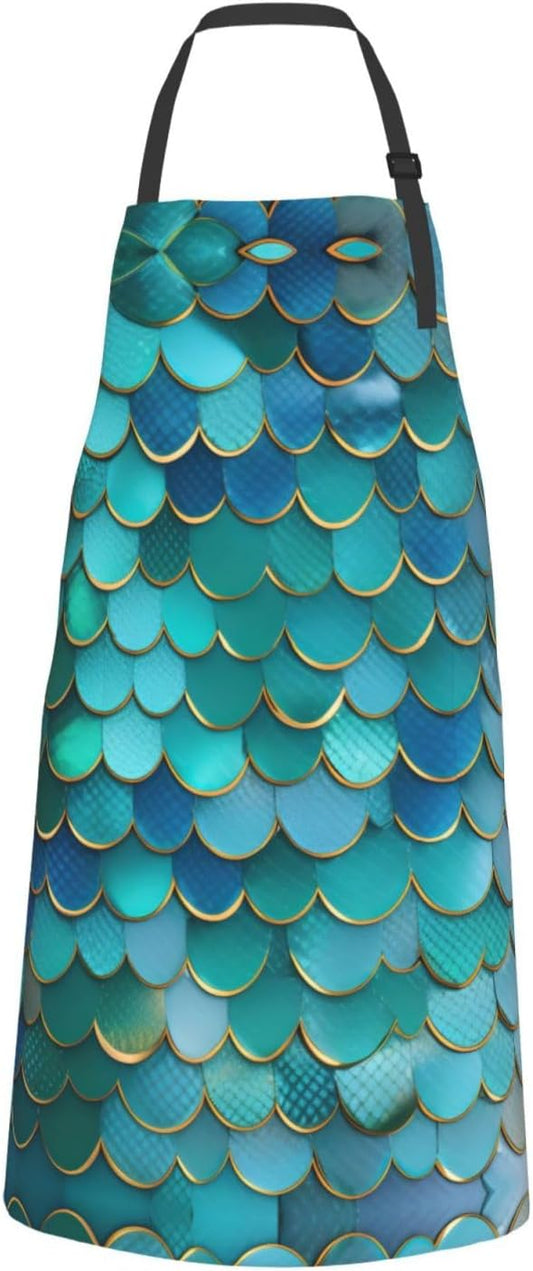 Mermaid Scale print Waterproof chef's apron with pocket apron for kitchen cooking baking barbecue and gardening