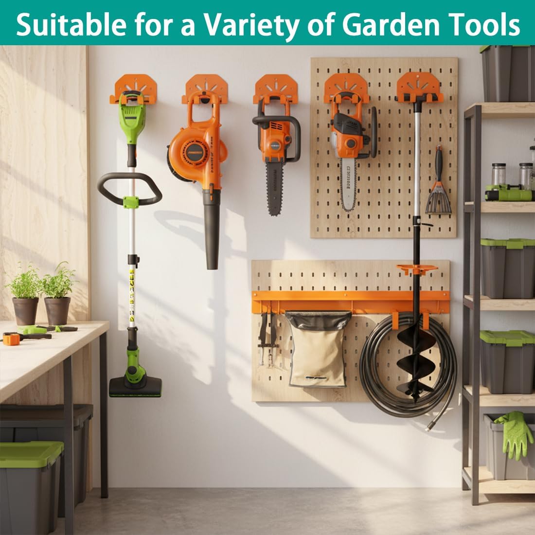 Wall Mounted Tool Holder for Garage & Garden - Heavy Duty Trimmer Rack for Weed Eater, Hedge Trimmer, Lawn Mower & Power Tools, Orange (2)