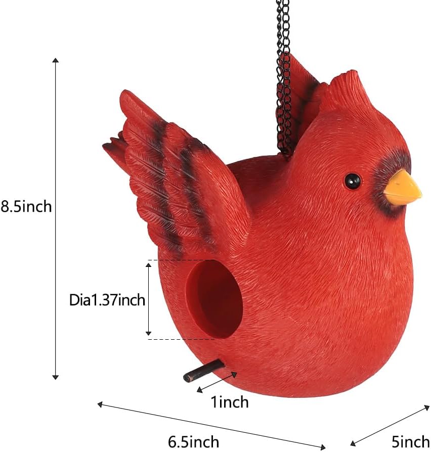 Bird House for Outside, Hanging Handcrafted Cardinal Resin Outdoor birdhouses Humming Bird, Bluebird, Wren, Camper Hanging Houses nest cage (Red, Large)