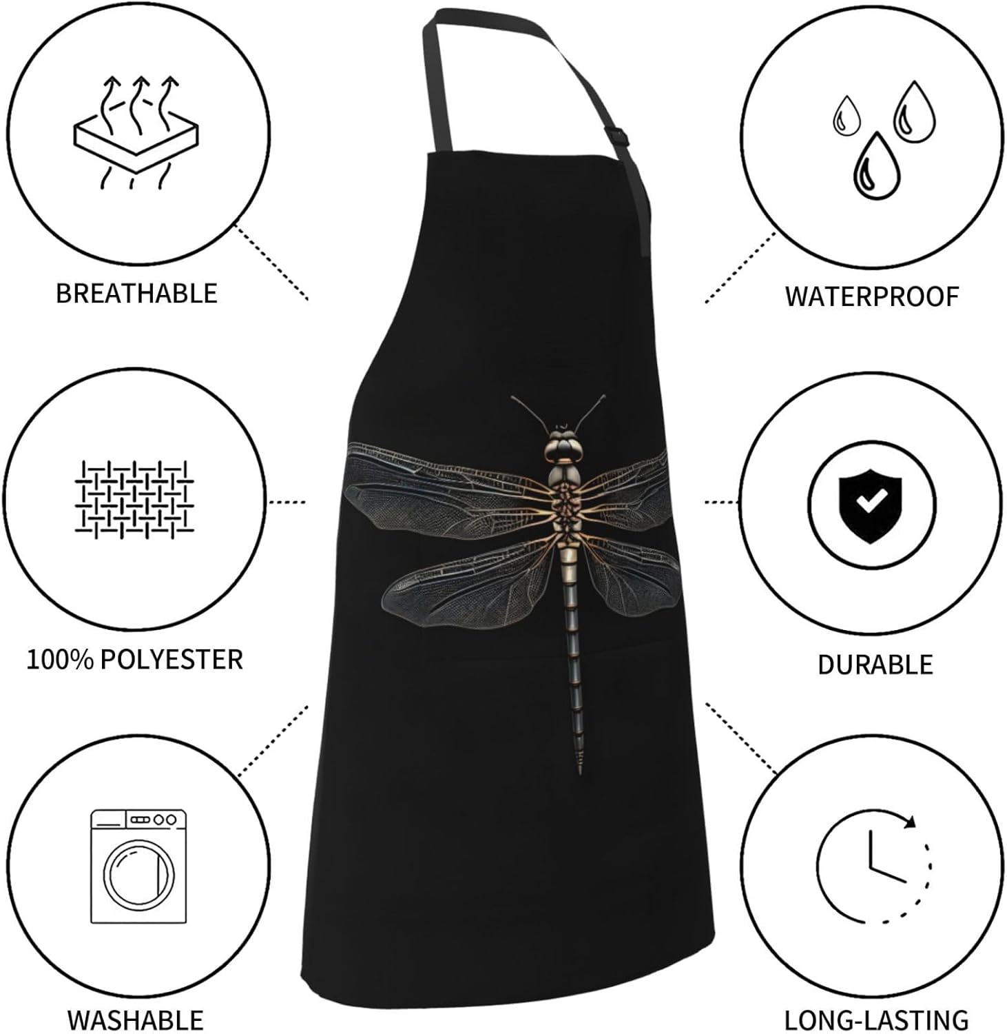 Dragonfly Black print Waterproof apron with pocket adjustable cooking 