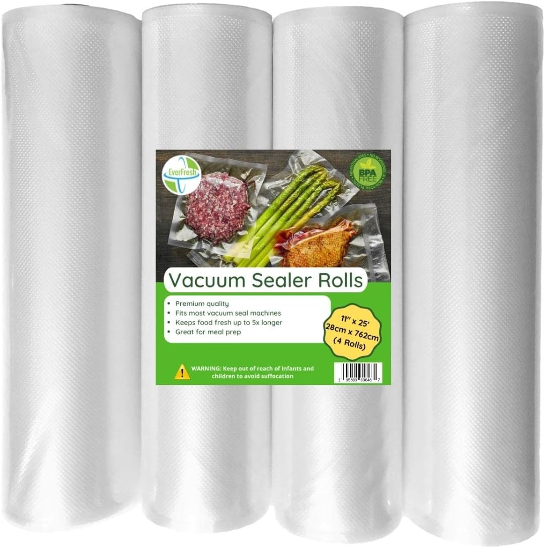 EverFresh 11" x 25' Vacuum Sealer Rolls, 4 Pack | 15% THICKER Embossin