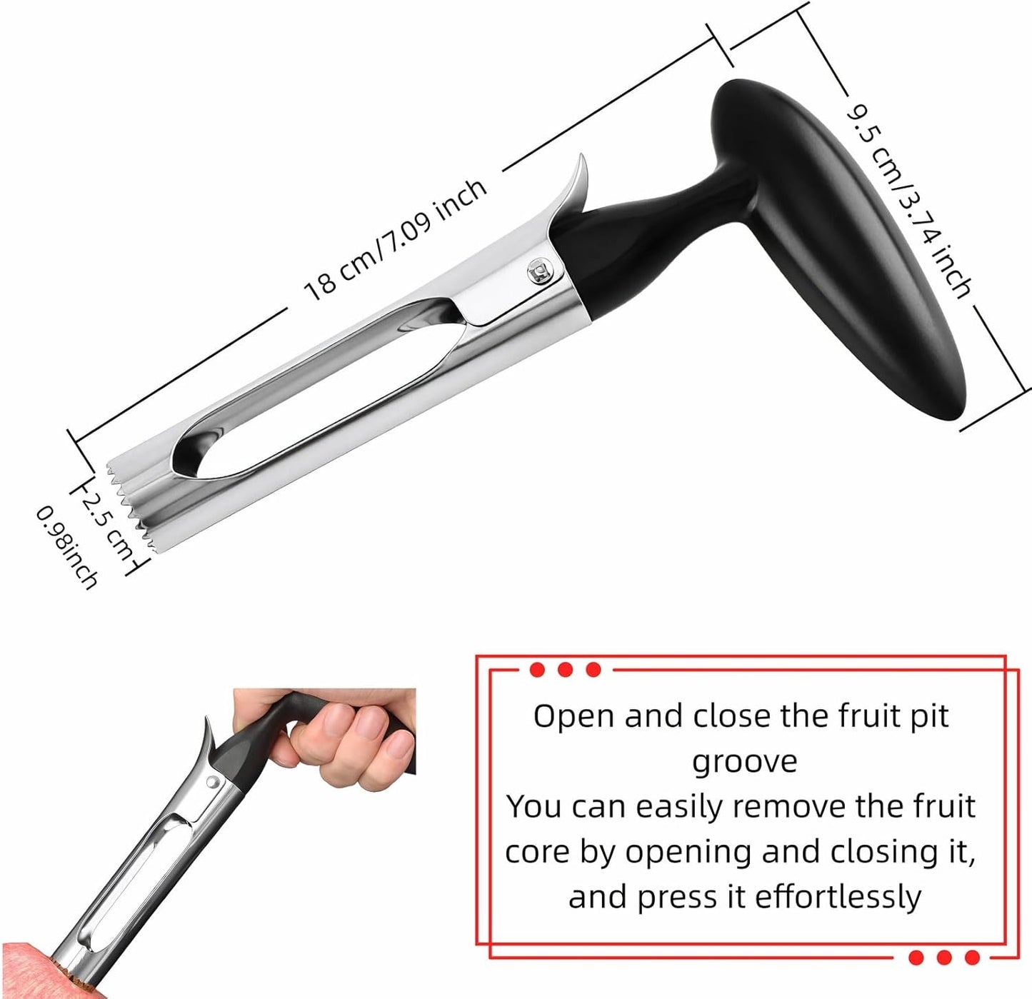 Premium Stainless Steel Apple Corer, Professional Fruit Core Remover Tool with Ergonomic Black Handle, Serrated Blades for Apples, Pears, Peaches, Plums, Easy Use & Clean (Black)