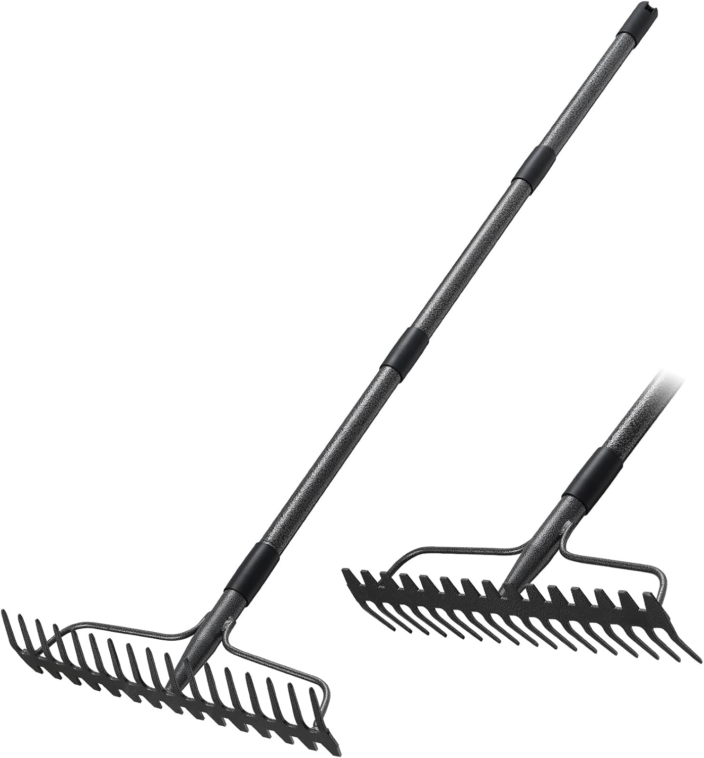 Garden Rake, 63 Inch Long Handle with 17 Tongs, Heavy Duty Metal Bow R