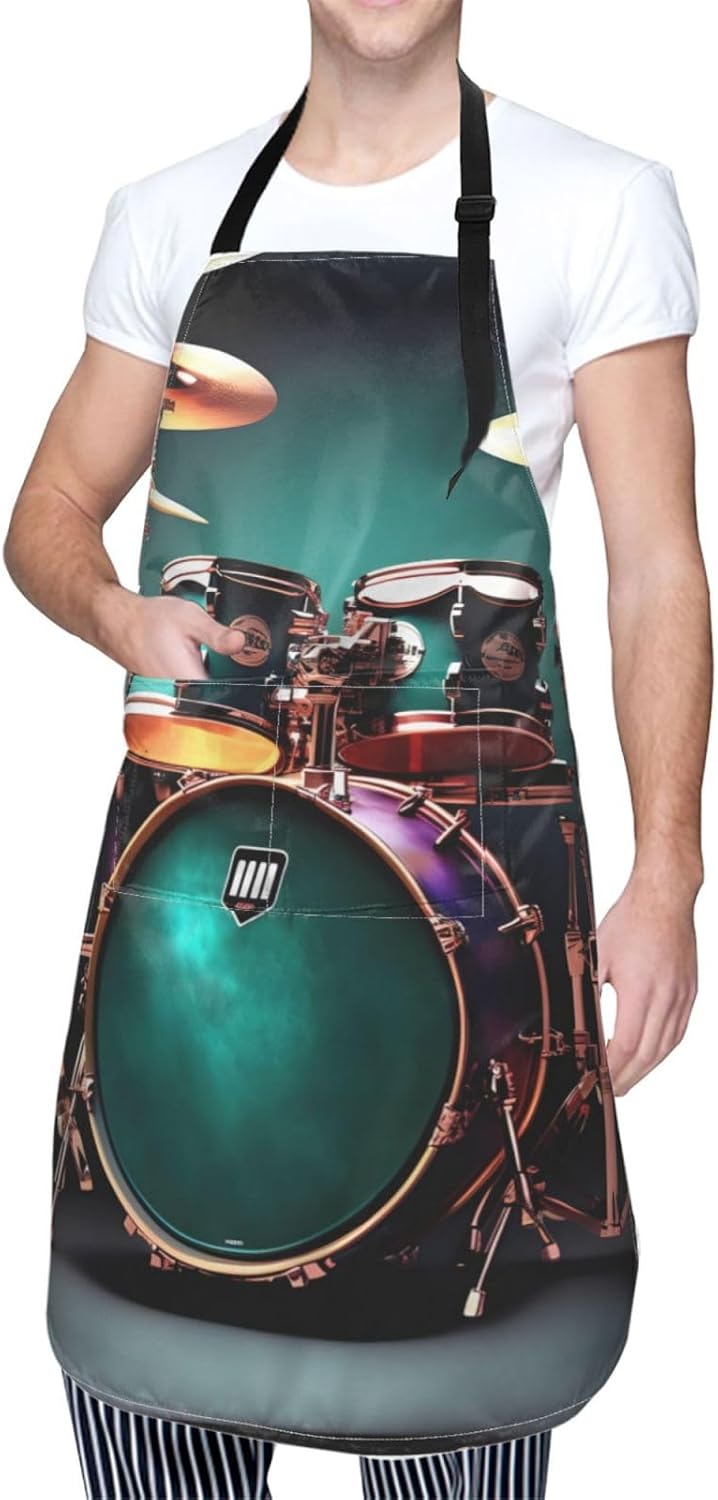 Cool Drum Set print Waterproof apron with pocket adjustable cooking apron for adult kitchen bibs to bake
