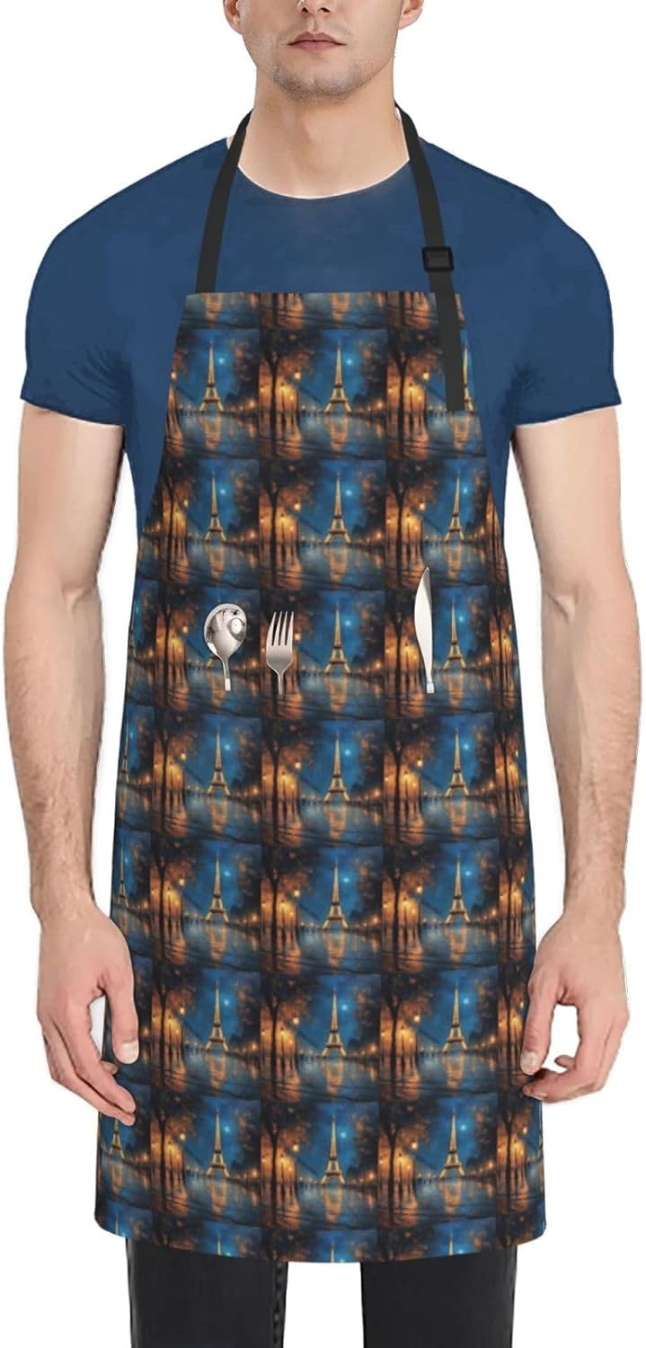 YANYU Night Paris Eiffel Tower Print 28x33 In Kitchen Apron Stylish Chef Apron with Pockets for Cooking Baking Painting