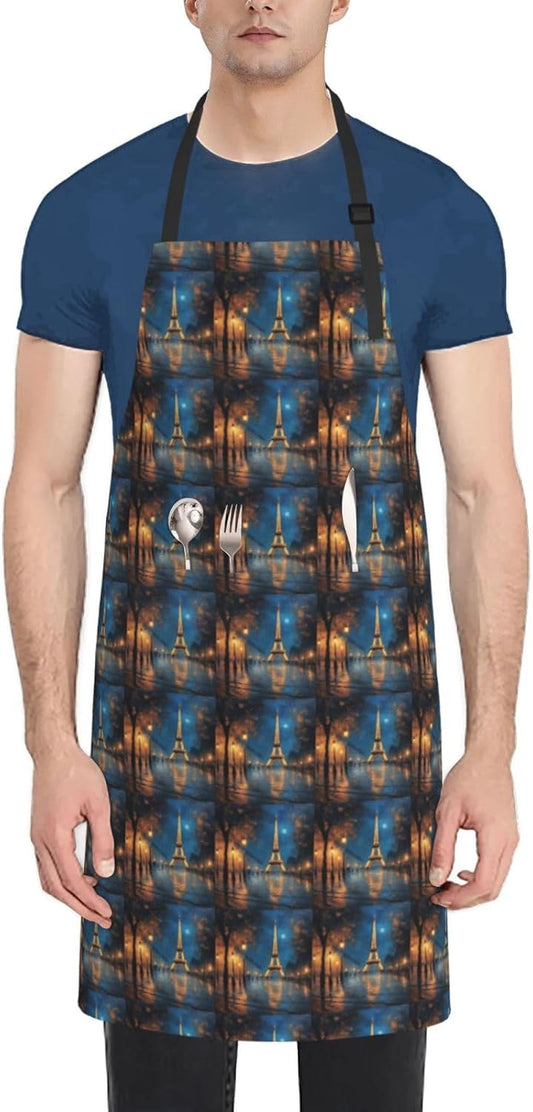 YANYU Night Paris Eiffel Tower Print 28x33 In Kitchen Apron Stylish Chef Apron with Pockets for Cooking Baking Painting