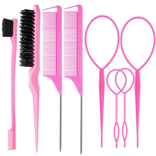 8Pcs Hair Brushes Set with 4Pcs Topsy Hair Tail Tools 1Pcs Bristle Tea
