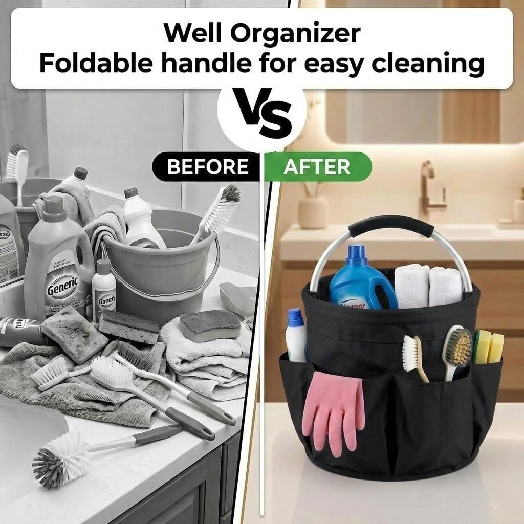 Multifunctional 17L Cleaning Caddy,Foldable 600D Organizer Bag with EVA Grip and 6 Pockets,Portable Storage Tote for Housekeeping,Car Detailing,Garden,Bathroom and Dorm (black)
