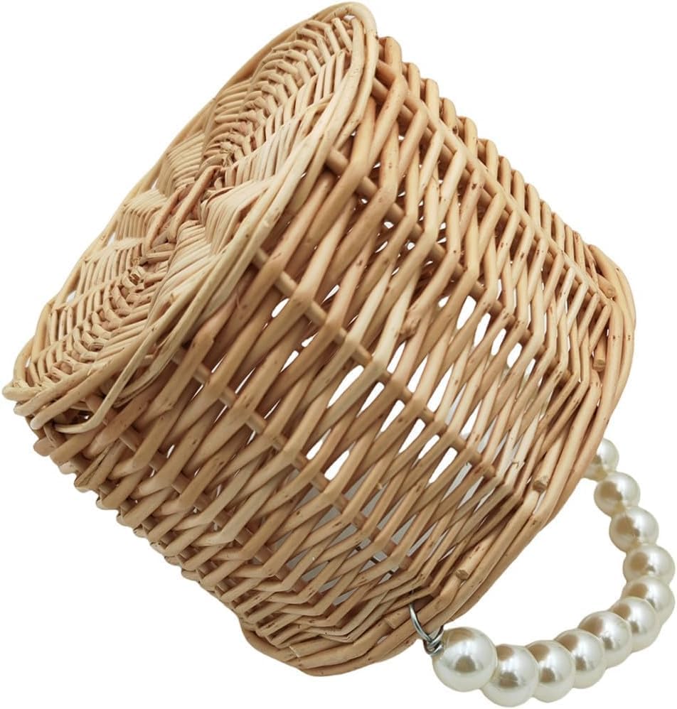 Rustic Wicker Rattan Wedding Flower Girl Baskets,Woven Rattan Storage Basket with Pearl Handles,Woven Eggs Candy Basket for Wedding Home Garden Decor (H1)