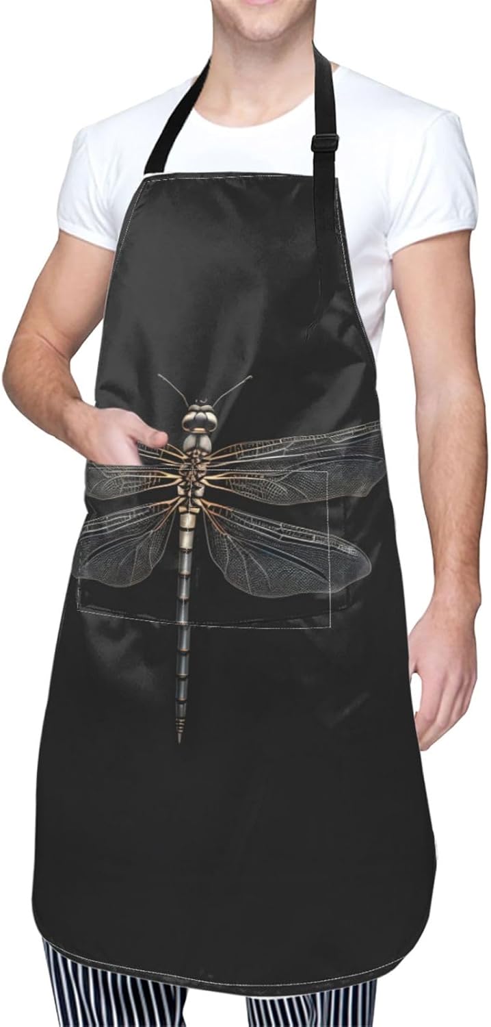 Dragonfly Black print Waterproof apron with pocket adjustable cooking 