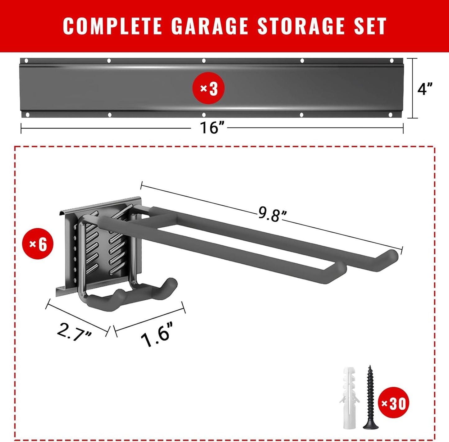 Garage Tool Organizer Wall Mount, Easy to 48inch Install Heavy-Duty Garage Storage System with 6 Adjustable Double Layer Hooks, Garden Tool Rack for Shovels, Rakes, Yard Tools