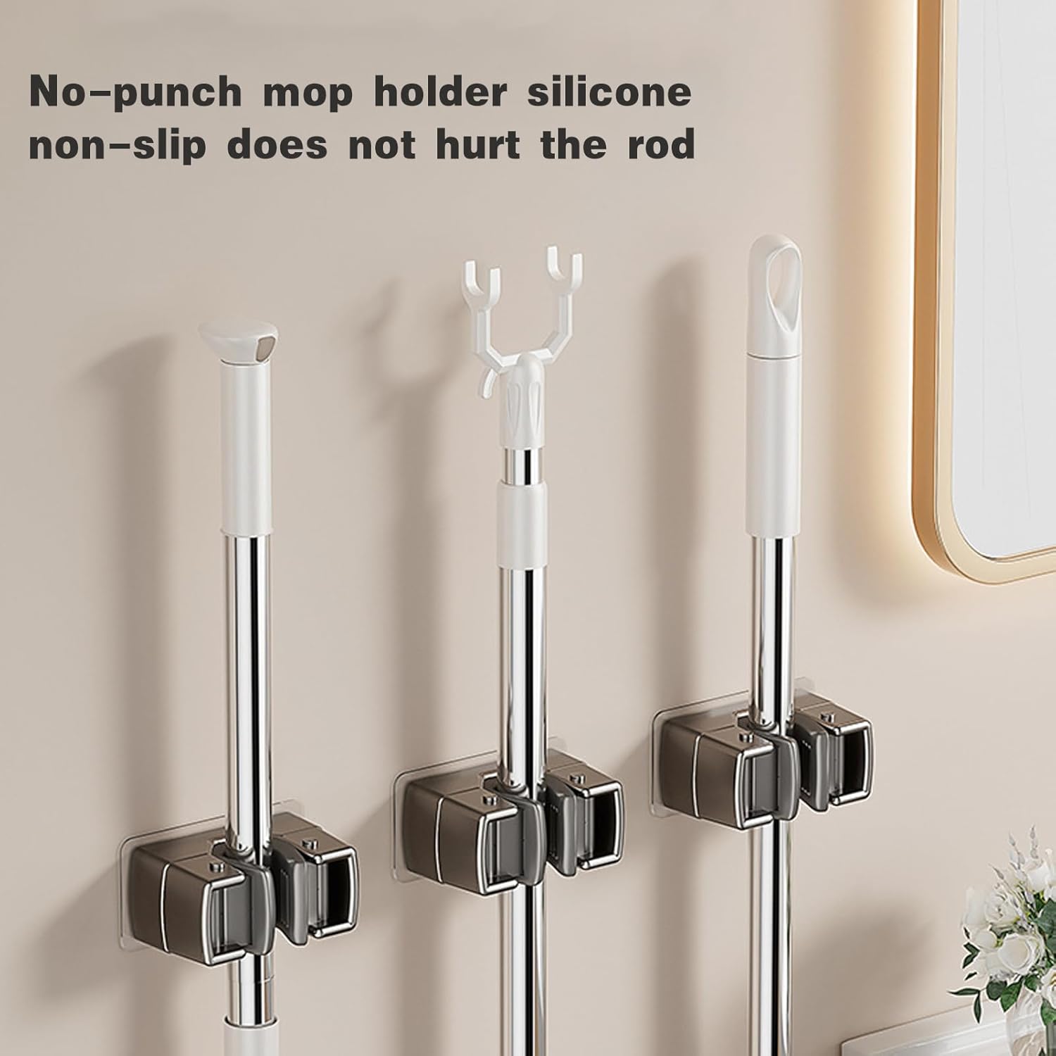 4 Pack Broom Holder Wall Mount,Self Adhesive Anti-Slip Mop and Broom H