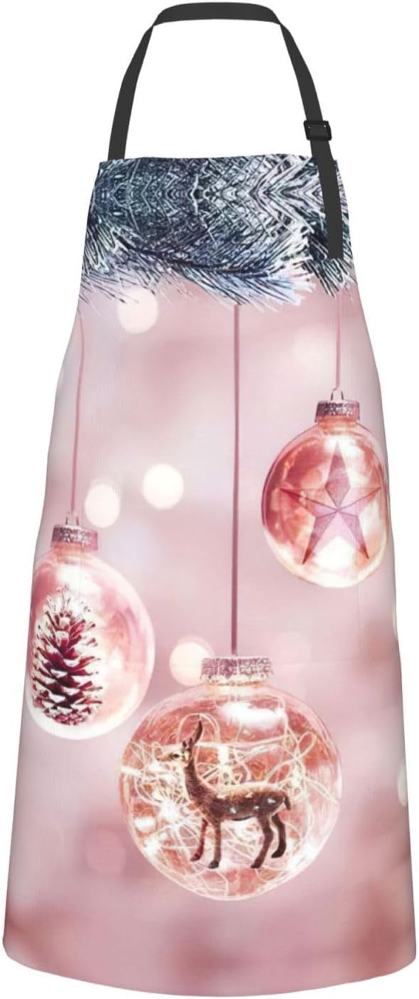 Pink Christmas Ball Print 28x33 In Adult Kitchen Apron with Pockets Versatile Chef Smock for Cooking Baking