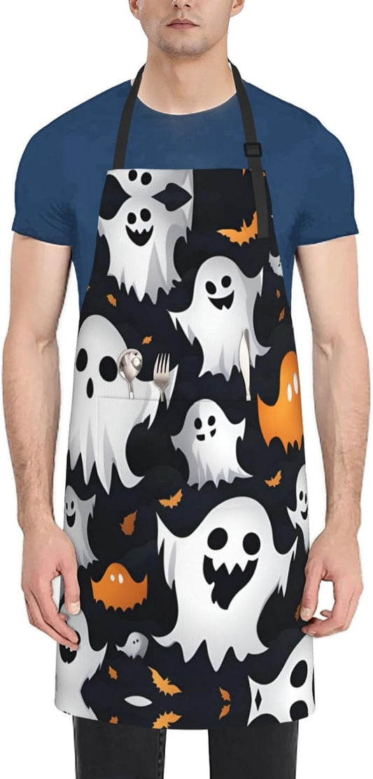 Cute White Ghost Halloween Pattern print Waterproof chef's apron with pocket apron for kitchen cooking baking barbecue and gardening