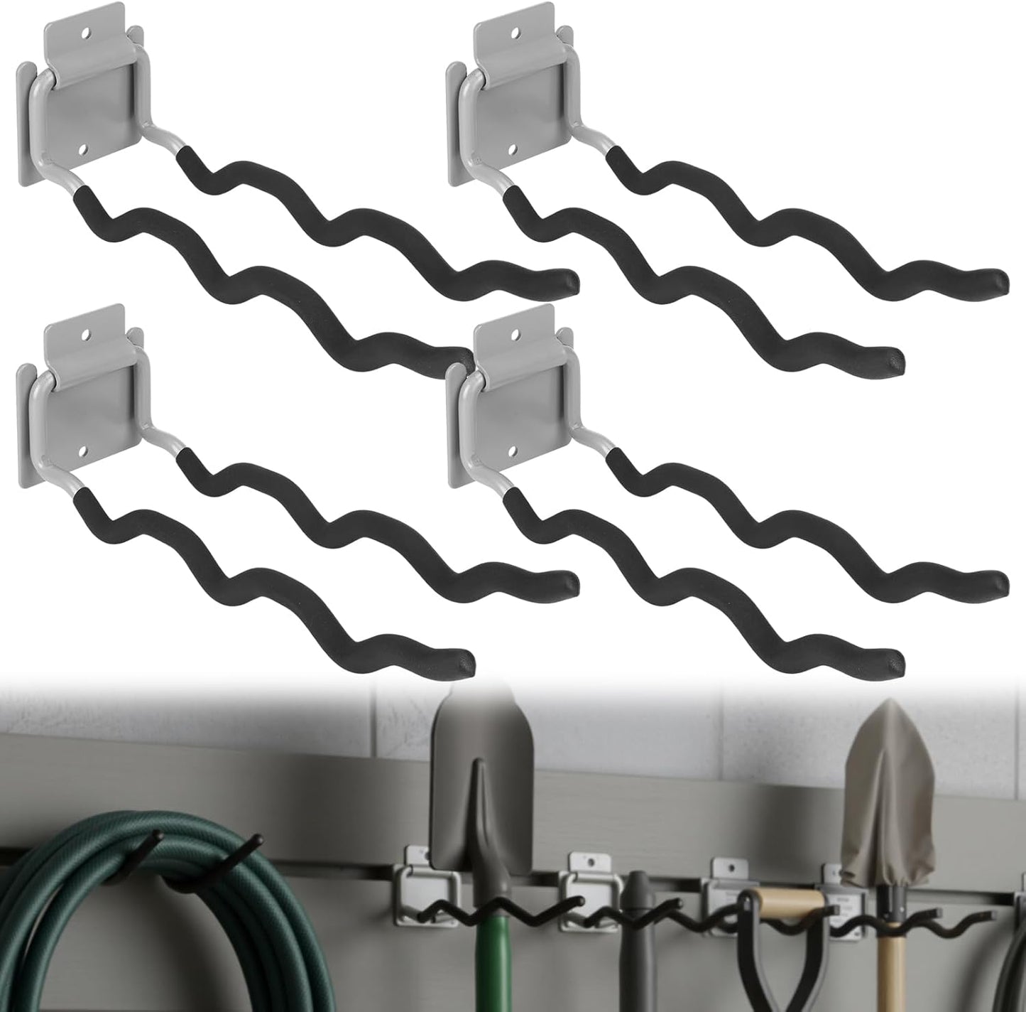 4 Pack Garage Hooks Heavy Duty 12" Ladder Hanger Wave Wall Mount Hanger Foldable Garage Storage Utility Hooks for Car Tires Ladder Shovels Chairs Power Tools Garden Tools Organization