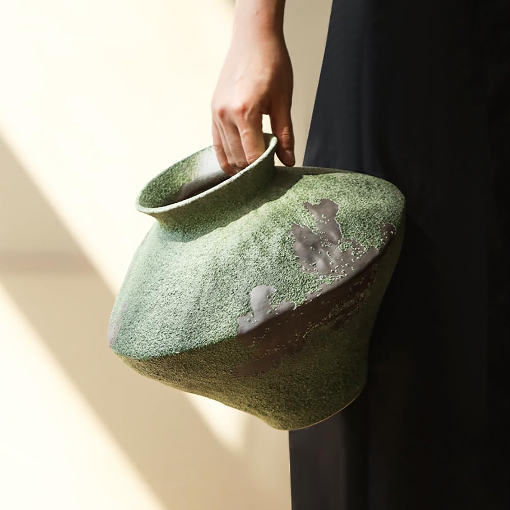 Large Green Rustic Ceramic Flower Vase Wabi Sabi Stoneware Planter Pot for Garden Home Decor Farmhouse Decor