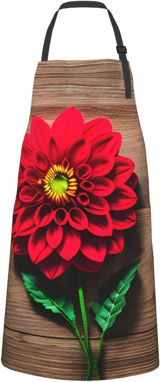 Wooden Board Retro Flower Red Dahlia print Waterproof chef's apron with pocket apron for kitchen cooking baking barbecue and gardening