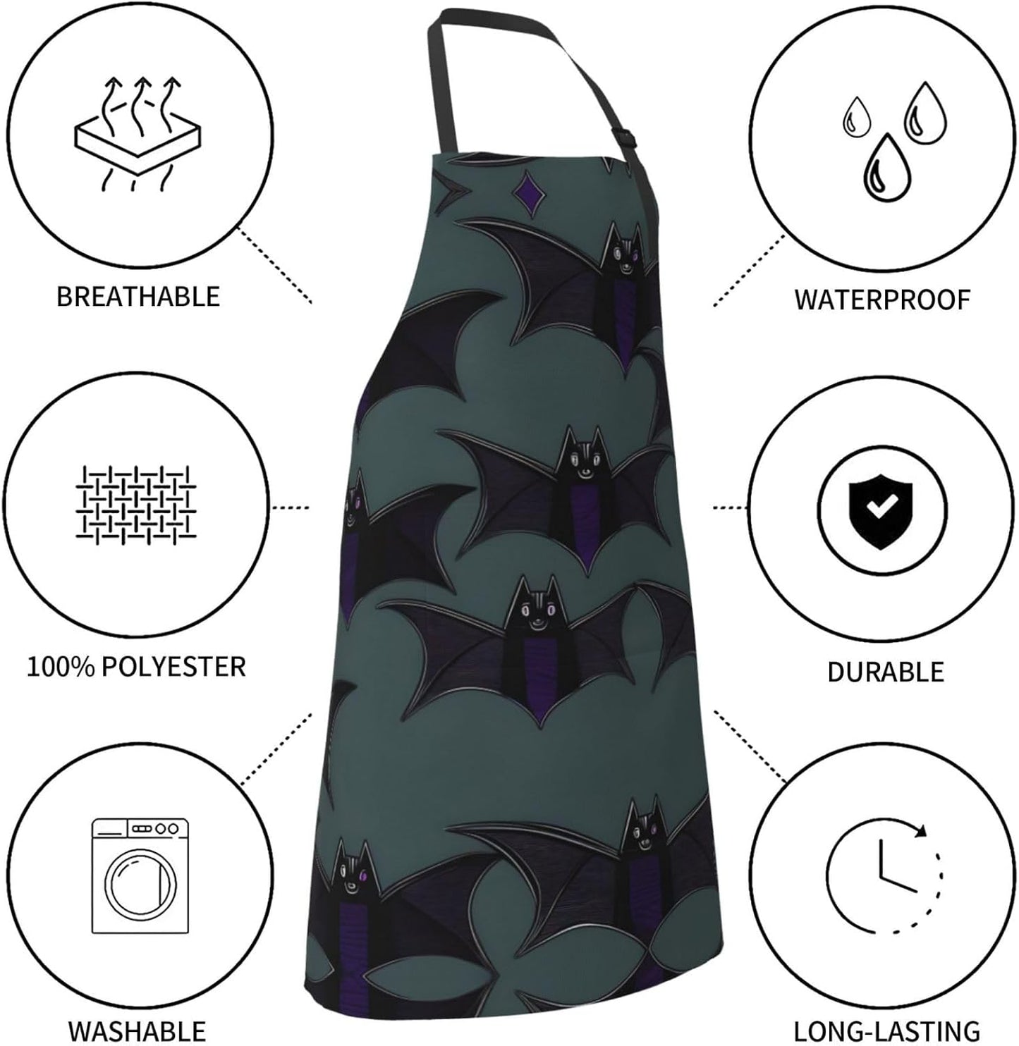 Bat pattern Print Laundry apron 28x33 In Waterproof Kitchen Apron with Pockets for Cooking Baking
