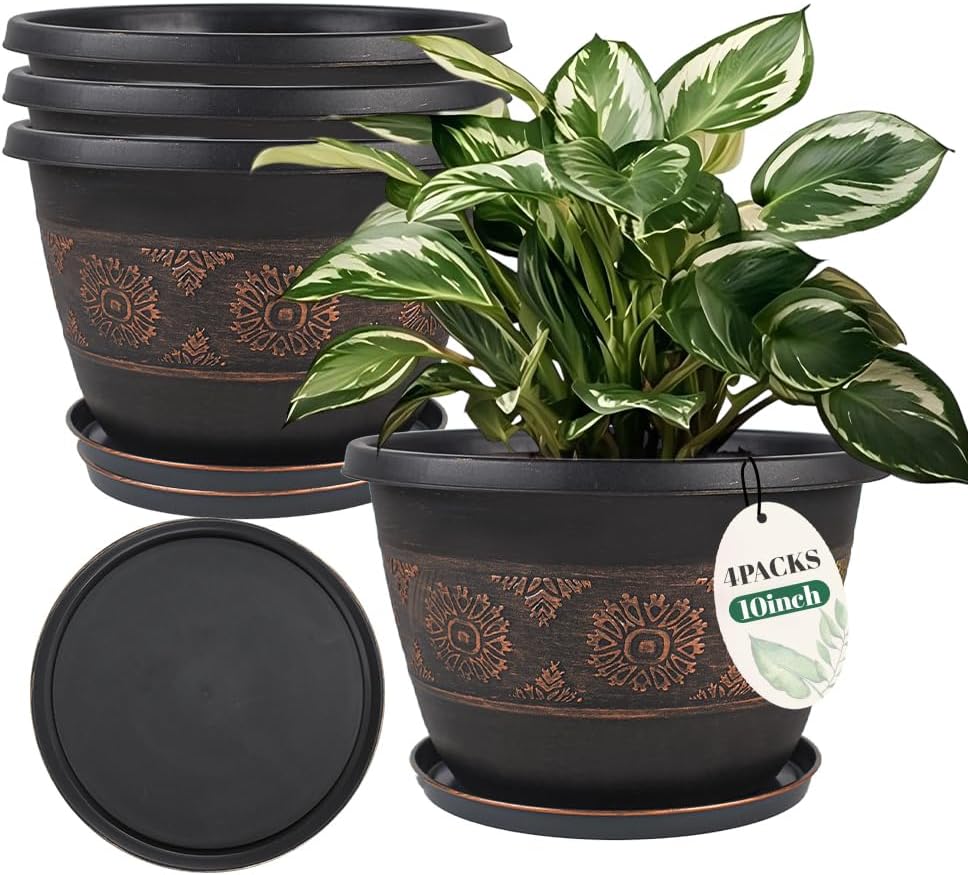 4 Pack 10 inch Plant Pots, Retro Pattern Planters with Drainage Holes 