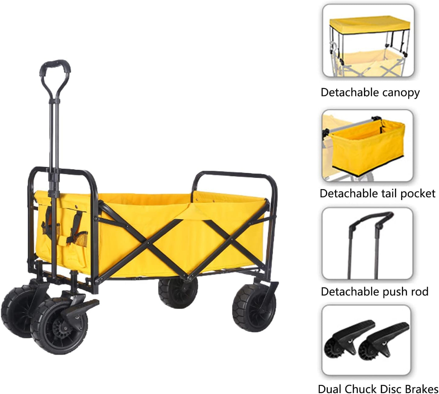 Collapsible Folding Wagon with Canopy - Portable Utility Garden Cart, Off-Road Wheels for Beach, Camping, Grocery, Sports - 120kg Capacity, Yellow Trailer