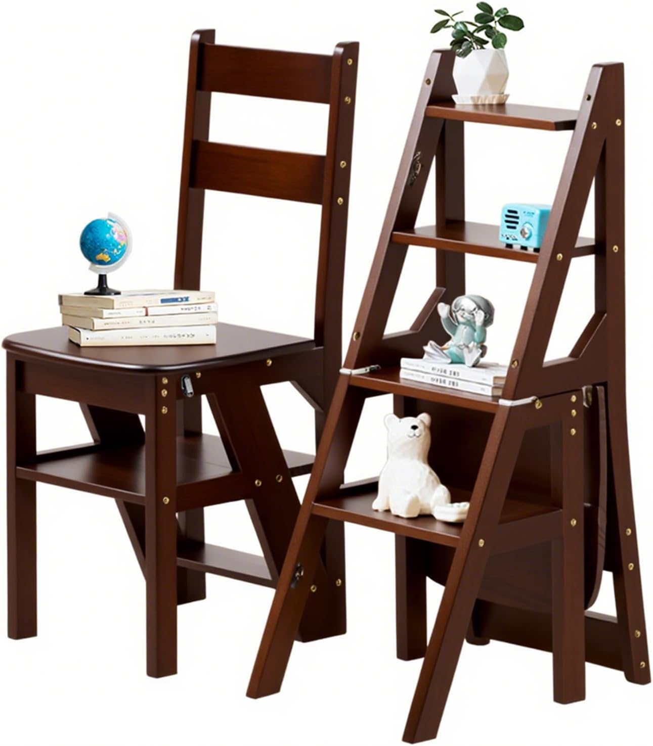 Solid Wood 3-in-1 Folding Ladder Chair, Convertible Step Stool & Display Rack, 4-Tier Multi-Functional Ladder, Dual Purpose for Home, Kitchen, Library, 265 lbs Capacity (Walnut Color, 13 x 18 x 35 in)