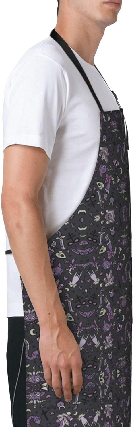 Purple Black Goth Spooky Print 28x33 In Adult Kitchen Apron with Pockets Versatile Chef Smock for Cooking Baking