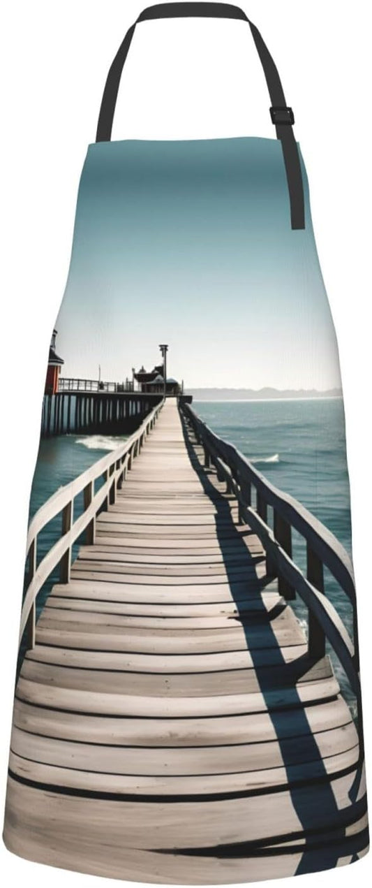 Coastal Pier print Waterproof chef's apron with pocket apron for kitchen cooking baking barbecue and gardening