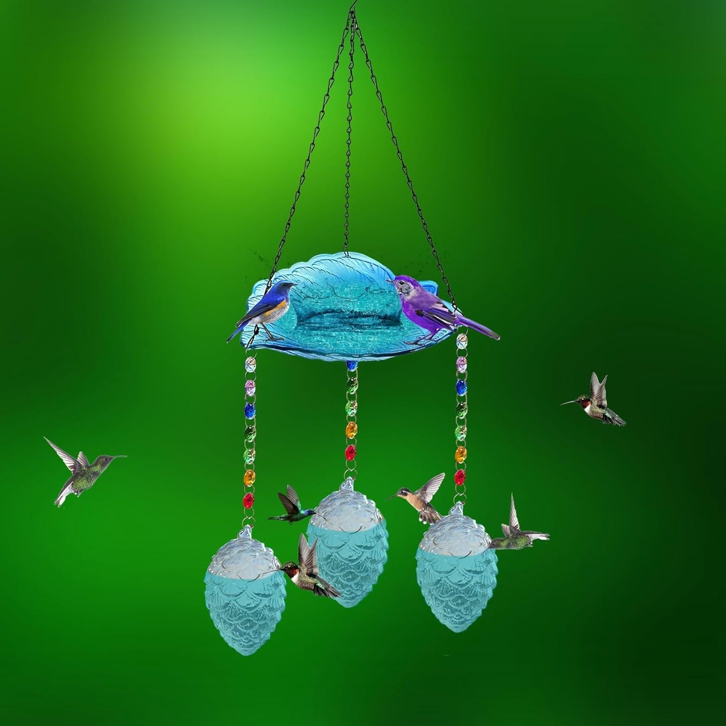 Hummingbird Feeders for Outdoors, Birdbath Bowl, Hanging Solar Bird Bath Fountains with 4 Blue Feeder Pots,Bird Bath Bowl for Garden Backyard Decor