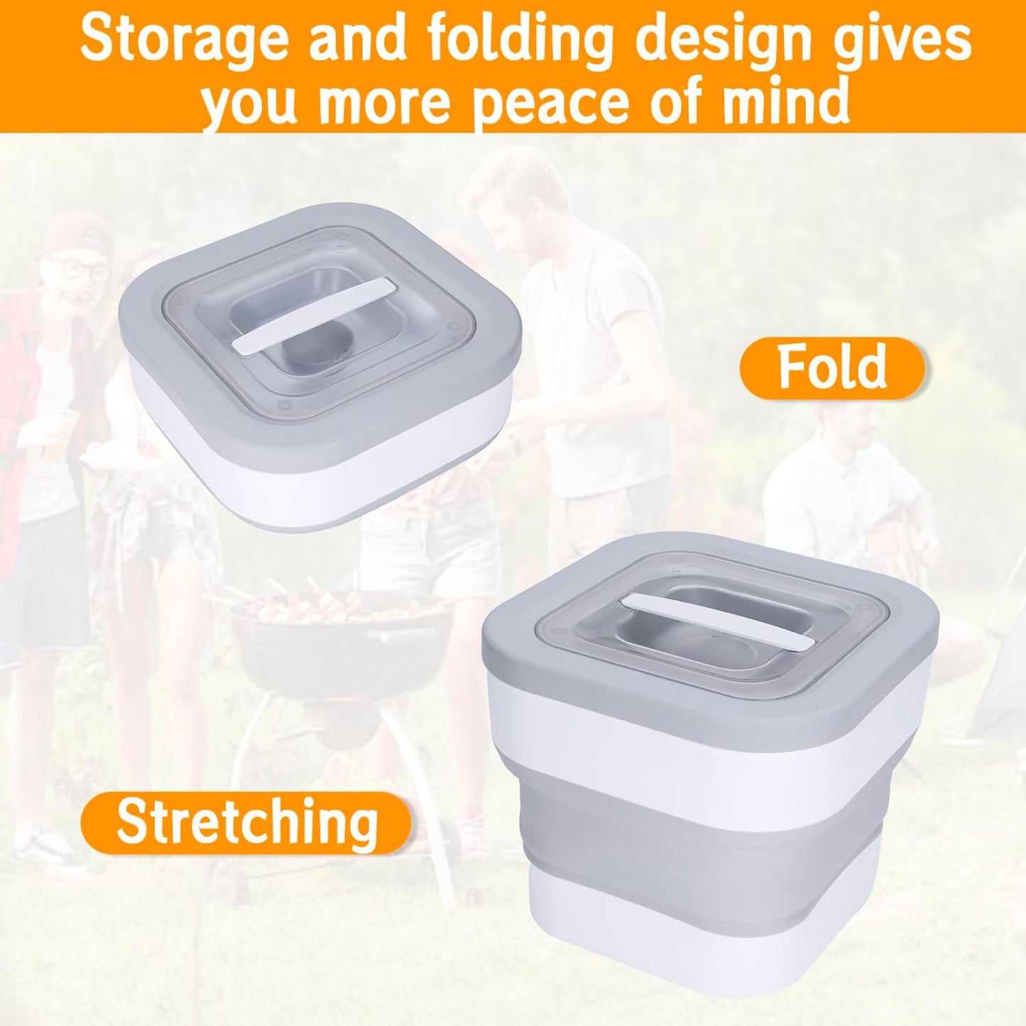 Wood Pellet Storage Container with Scoop, Waterproof Foldable Storage Bin for Charcoal Grill Smoker, Plastic Collapsible Pellet Bucket Kit Gray/White