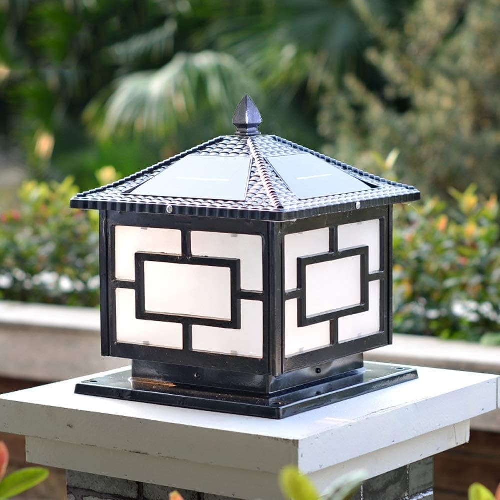 Vintage 25CM Solar Column Headlight Remote Control Outdoor Waterproof Garden Light Home Door Chinese Villa Wall Lamp Acrylic Lampshade Two-Color Source Deck Patio(Black)
