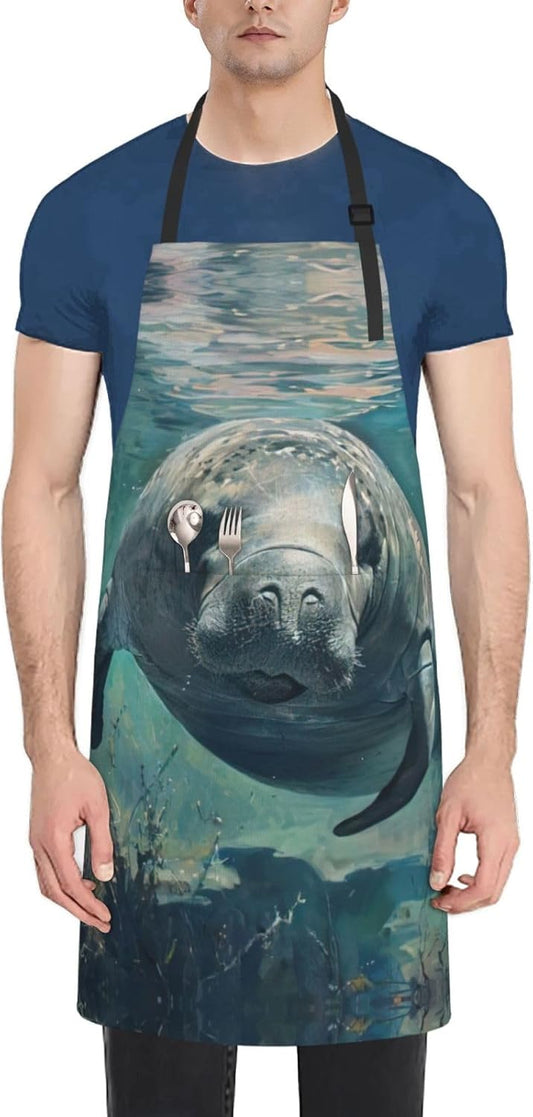 Crazy Save Manatee print Waterproof chef's apron with pocket apron for kitchen cooking baking barbecue and gardening