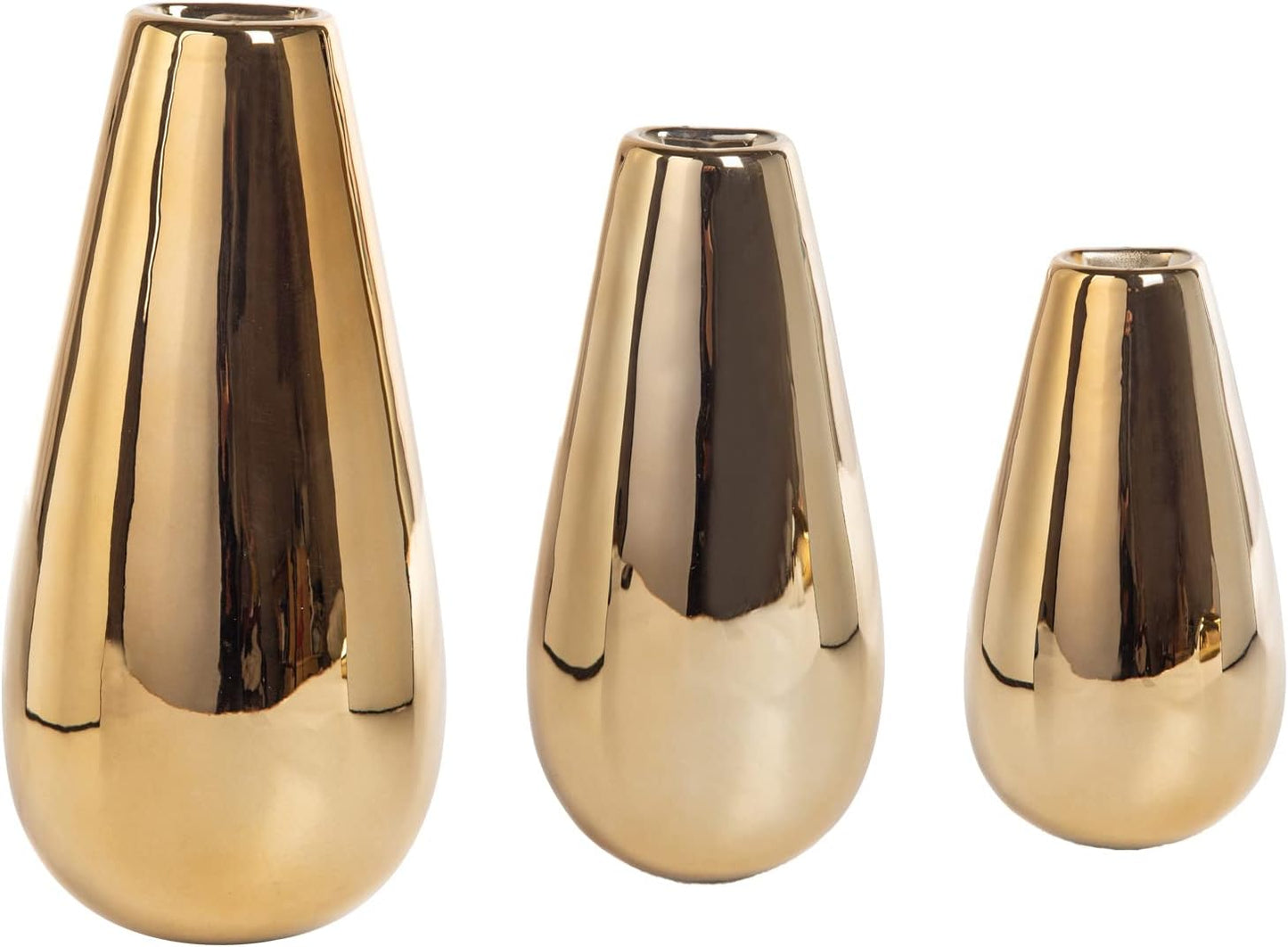 Wall Mount Metallic Gold Flower Vase, Ceramic Hanging Planter with Teardrop Shape, Set of 3 Contemporary Oval Plant Pots