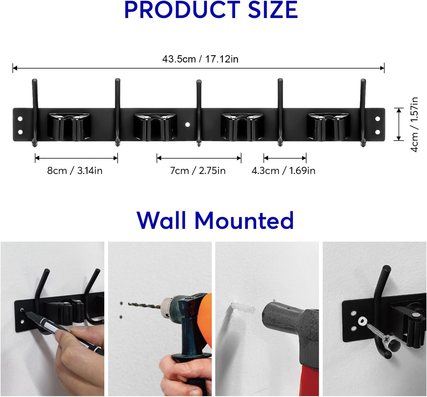 Broom Holder Wall Mount, 4 Racks and 5 Hooks Mop Holder Wall Mount, Stainless Steel Heavy Duty Garden Tool Broom Organizer Wall Mount, Laundry Room, Kitchen, Closet, Shed, Garage Organizer