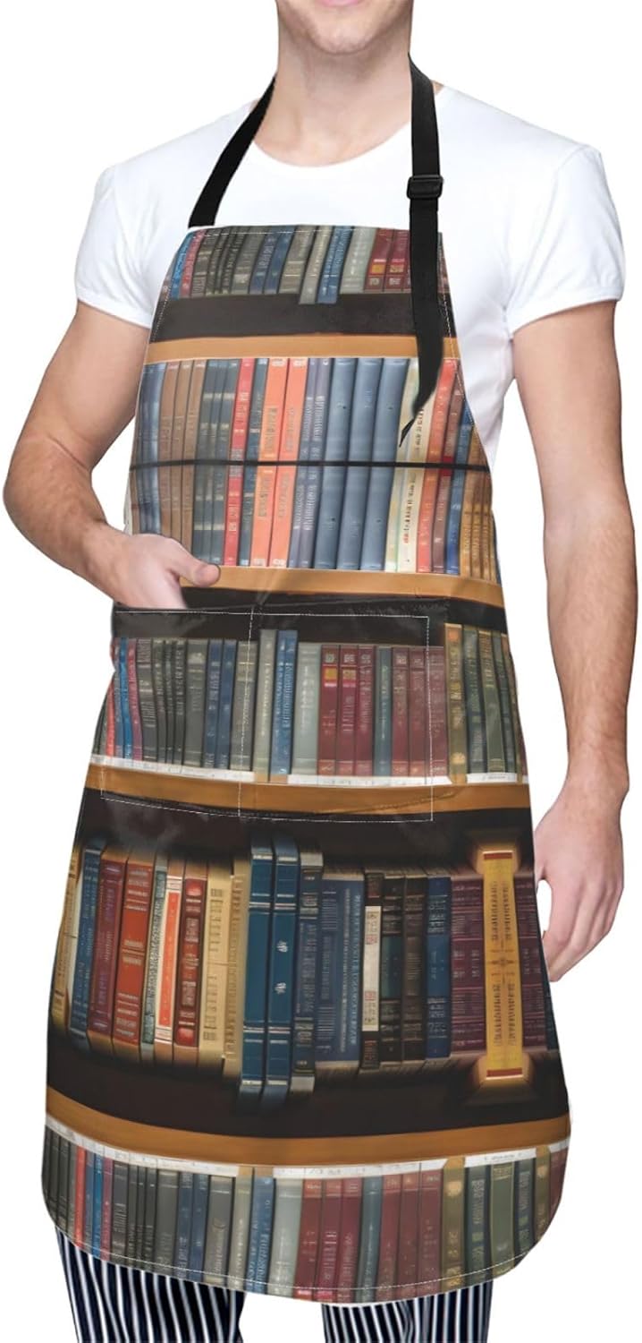 library bookshelf 1 print Waterproof chef's apron with pocket apron for kitchen cooking baking barbecue and gardening
