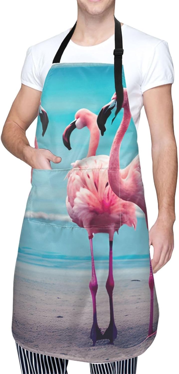 YANYU Flamingo Beach Print 28x33 In Kitchen Apron Stylish Chef Apron with Pockets for Cooking Baking Painting