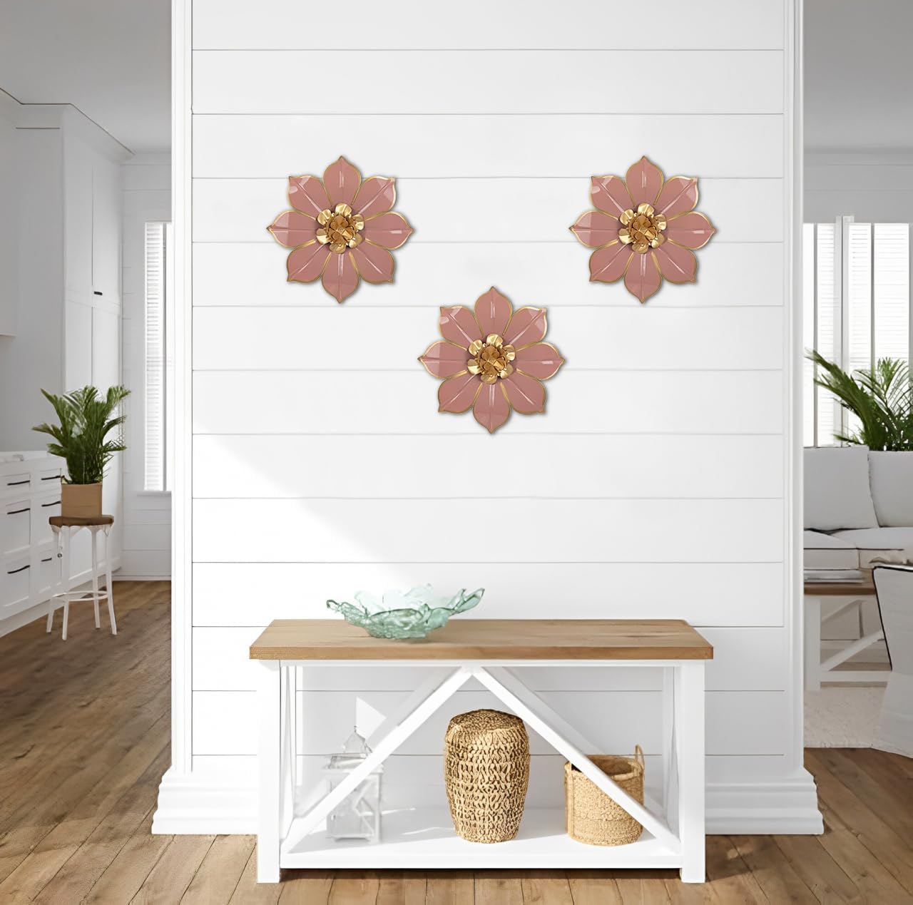 Metal Flowers Wall Decor Set of 3, Pink Metal Flower Wall Art Decor for Inoor & Outdoor Use, 3D Vintage & Modern Pink Walls Arts for Bathroom, Living Room, Bedroom, Garden, Patio, Porch, Office, 10"