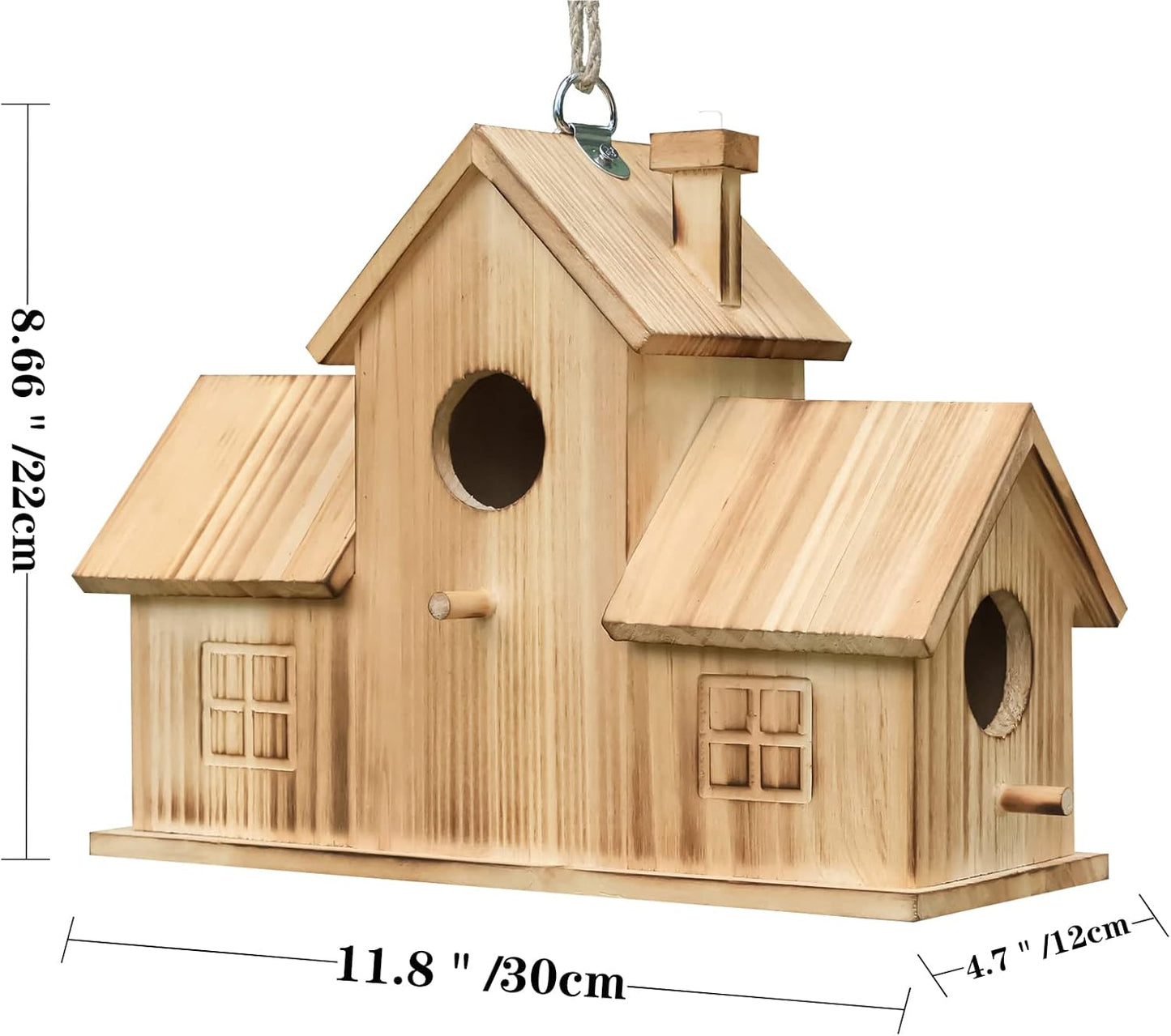 STARSWR Bird Houses for Outside,Outdoor 3 Hole Bird House Room for 3 Bird Families Bluebird Finch Cardinals Wooden Hanging Birdhouse for Garden