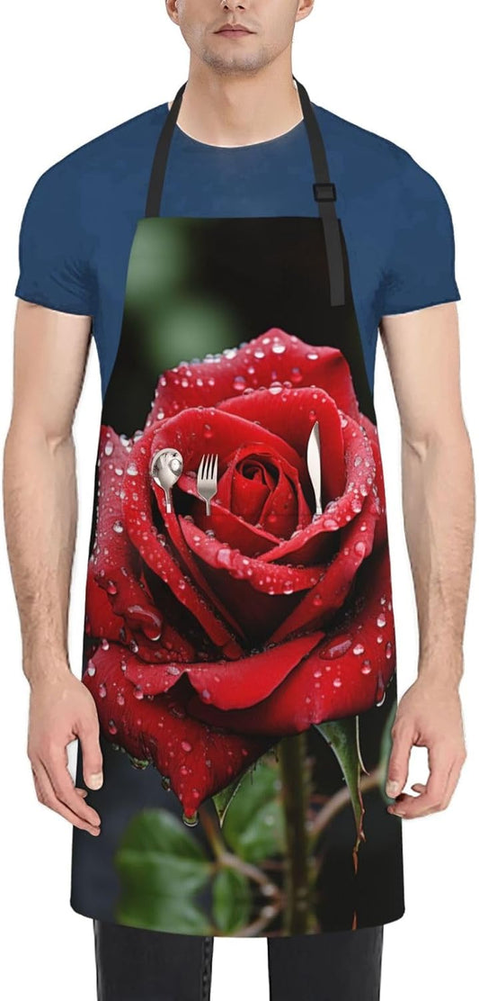 Red Rose print Waterproof apron with pocket adjustable cooking apron for adult kitchen bibs to bake