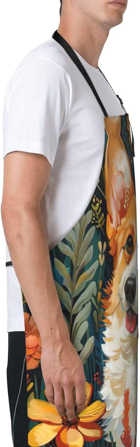 Corgi Floral Flowers Spring Garden Print Laundry apron 28x33 In Waterproof Kitchen Apron with Pockets for Cooking Baking