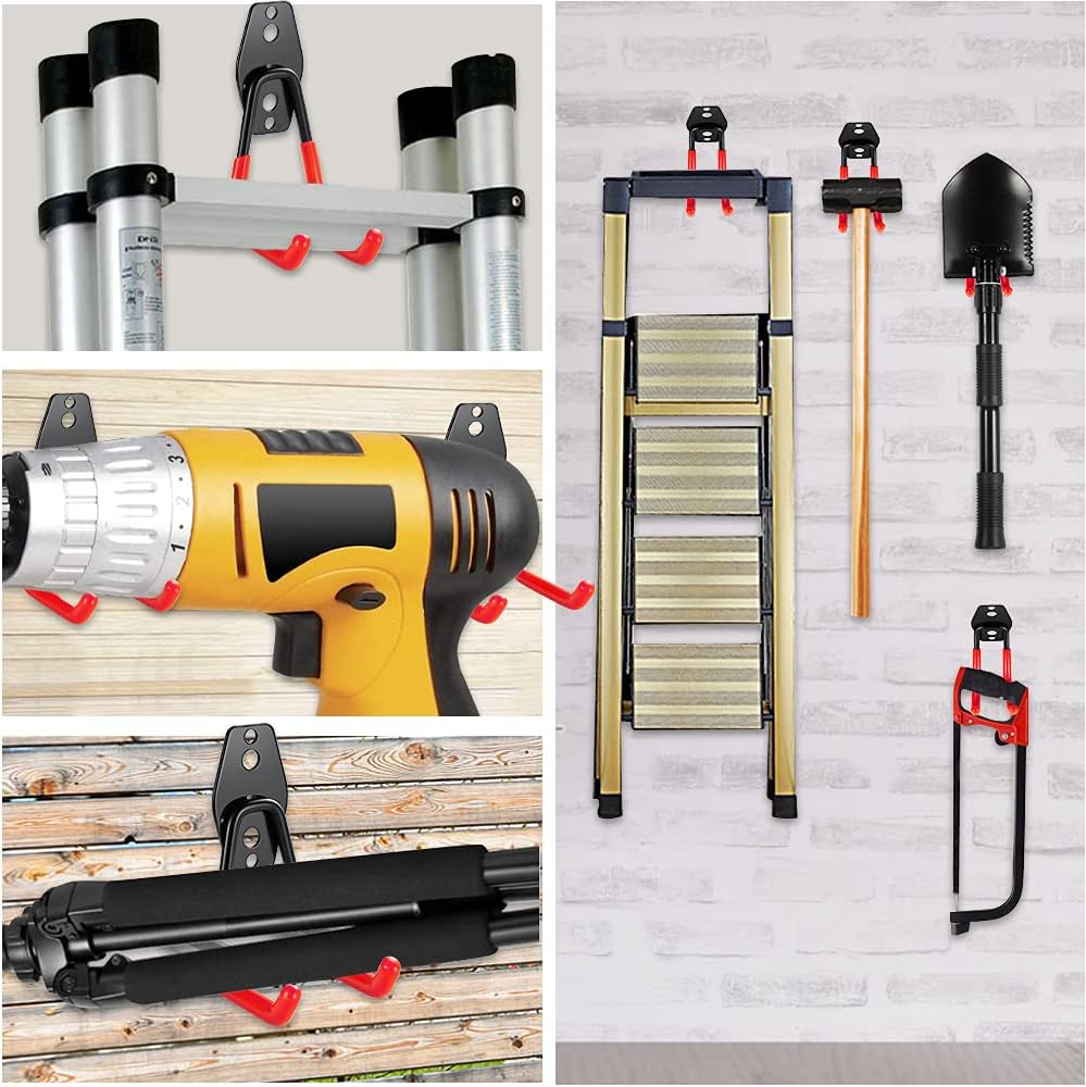 3-H Garage Wall Hooks 10 Pack, Garage Hooks Heavy Duty with Extra Welding Spots, Wall Storage Organizer for Hanging for Garden, Lawn, Yard (Red)