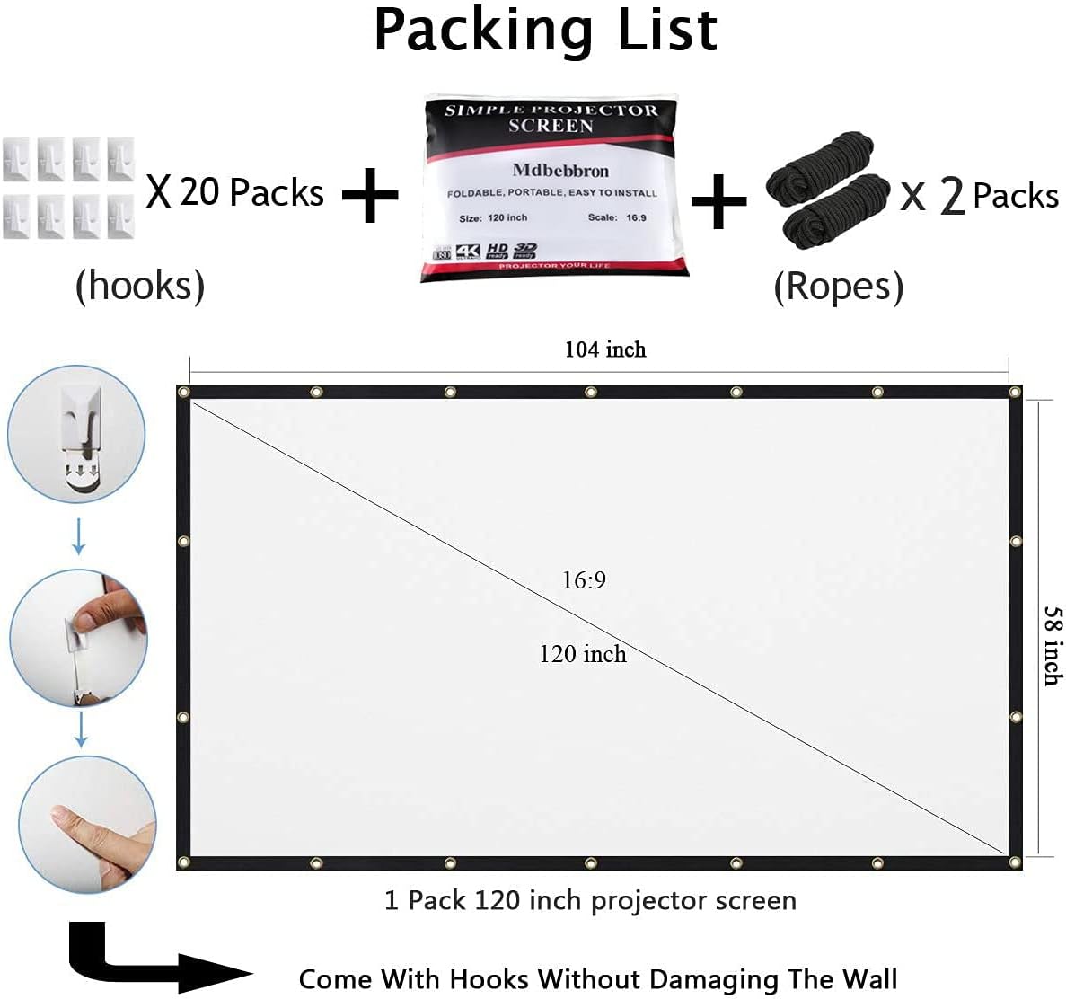 120 inch Projector Screen 16:9 Foldable Anti-Crease Portable Projector Movies Screens for Home Theater Outdoor Indoor Support Double Sided Projection