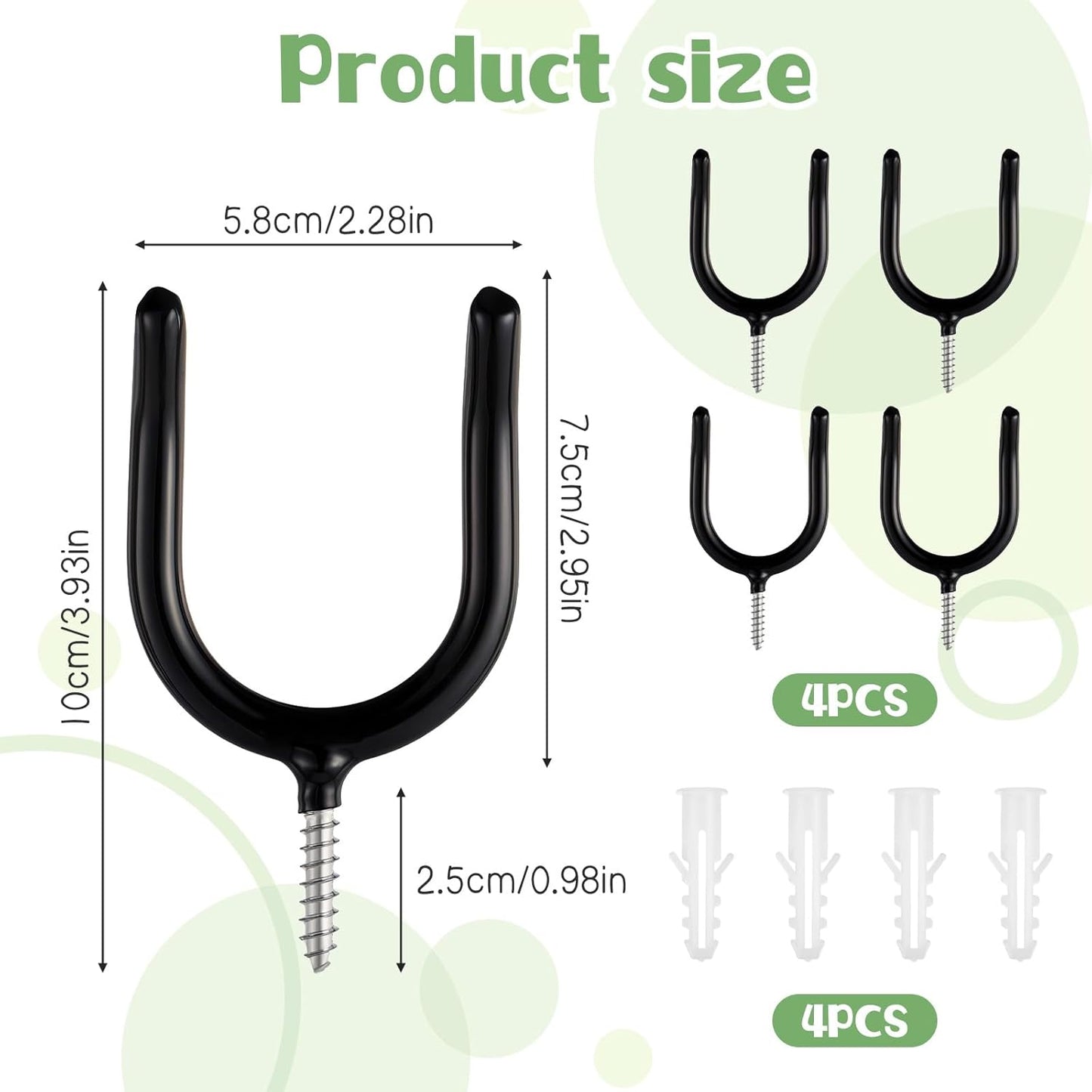 4PCS Screw in U Shaped Hook, Wall Mount Garage Storage Organizer Hanger U Hooks with Box for Hanging Garden Tools, Black