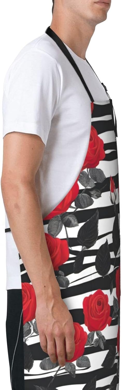 Black White Stripes Red Rose Flowers print Waterproof chef's apron wit