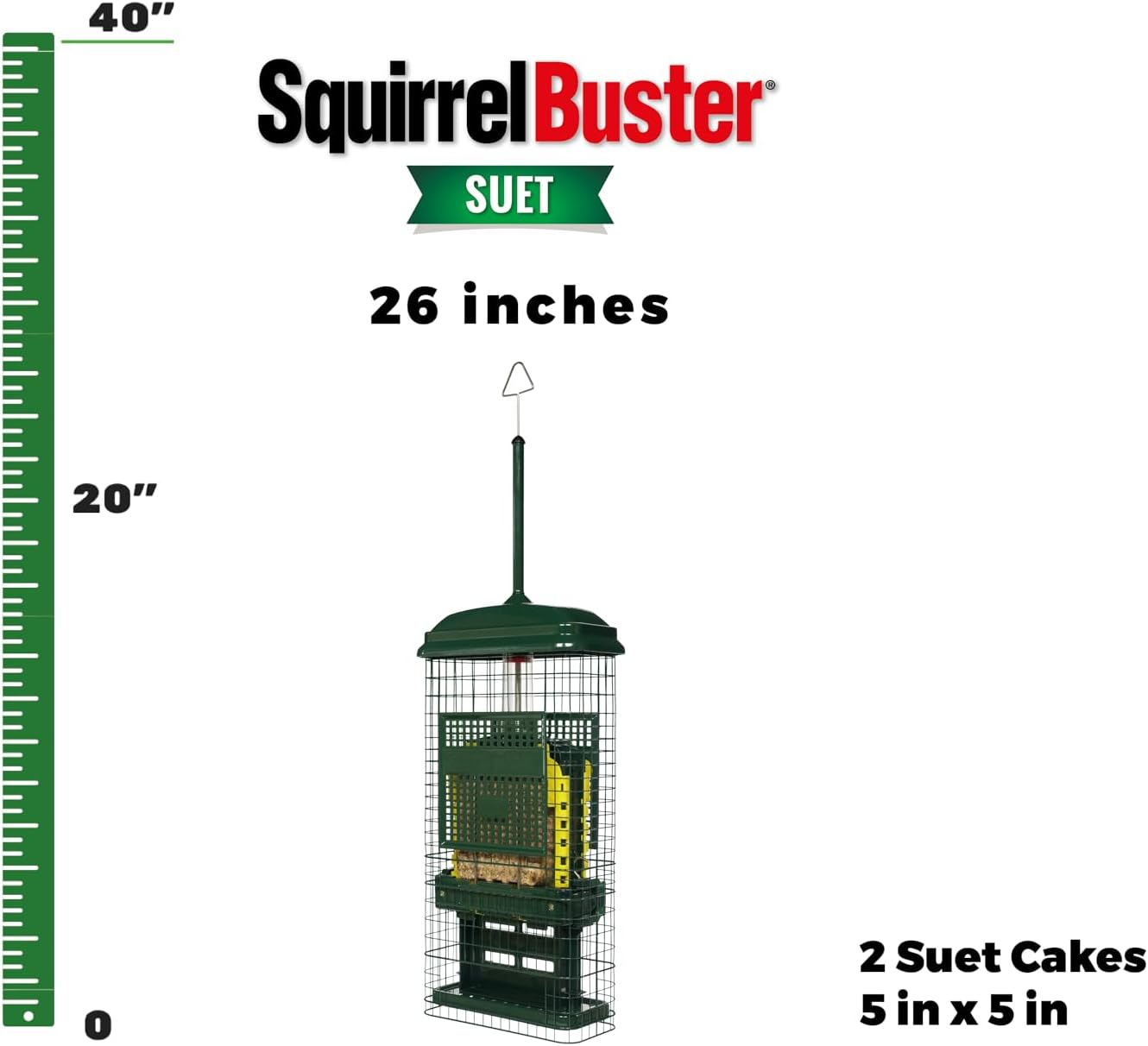 Squirrel Buster Suet Squirrel-Proof Suet Bird Feeder with Two Suet Cake Trays, Two Crumb Ports, Mess-Free Suet Loading, Durable Green Design for Clinging Birds