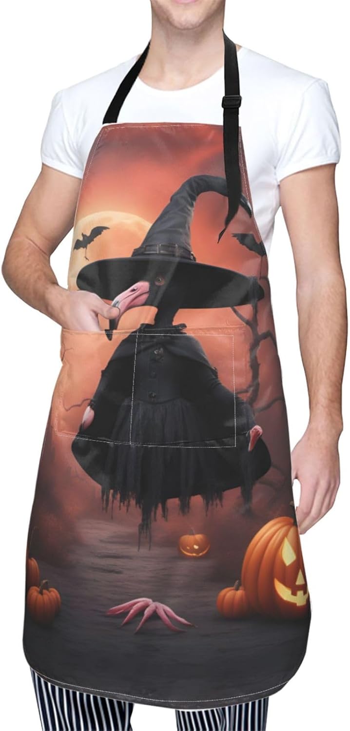 Halloween Flamingo Witch Hat print Waterproof chef's apron with pocket