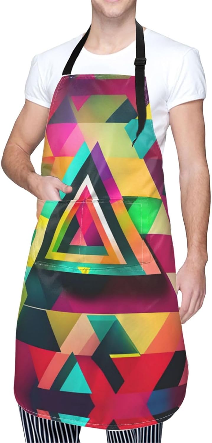Colorful Triangle pattern Print 28x33 In Adult Kitchen Apron with Pockets Versatile Chef Smock for Cooking Baking