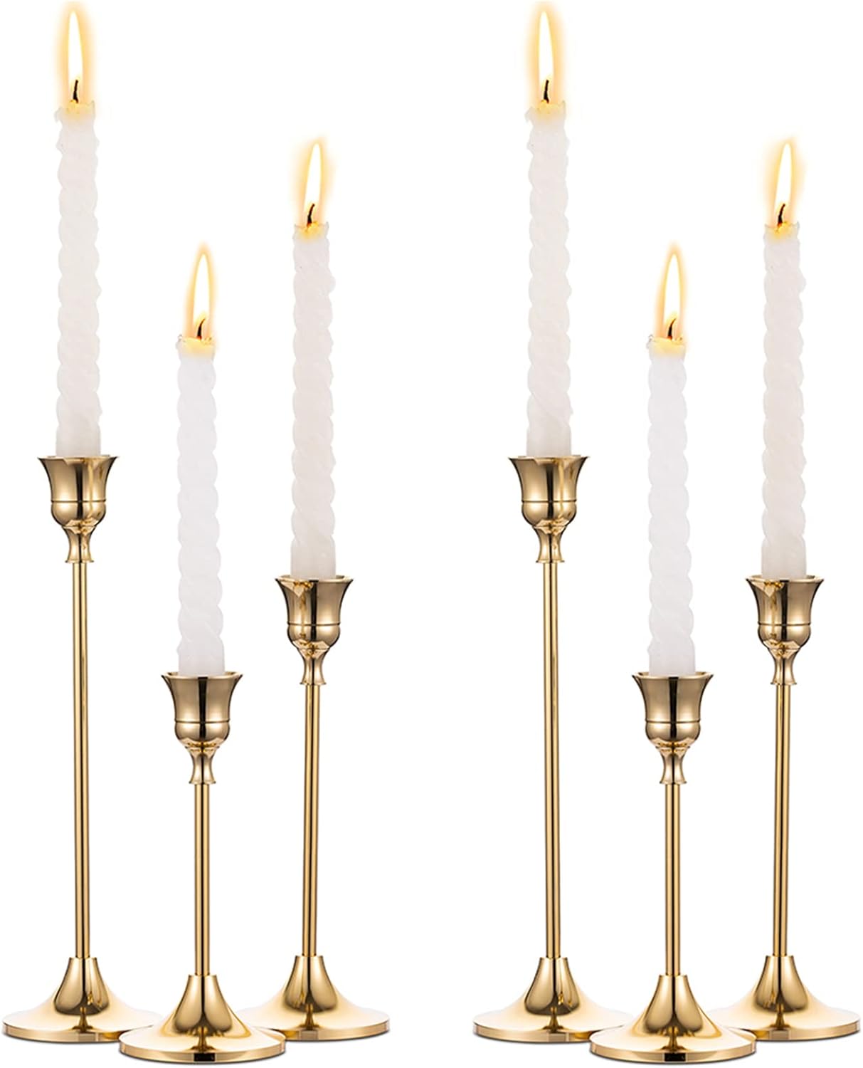2 Sets(6 Pcs) Brass Gold Metal Taper Candle Holders Candlestick Holder